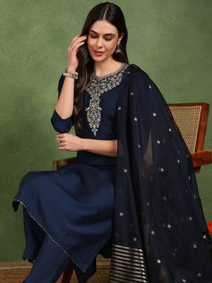 Navy blue color embroidered work silk blend kurta trousers set 1