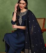 Navy blue color embroidered work silk blend kurta trousers set