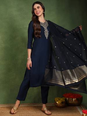 Navy blue color embroidered work silk blend kurta trousers set 2