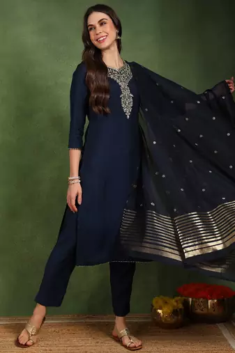 Navy blue color embroidered work silk blend kurta trousers set