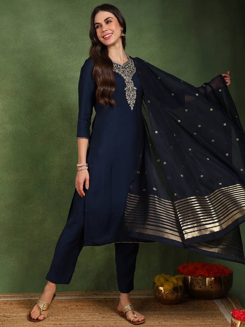 Navy blue color embroidered work silk blend kurta trousers set