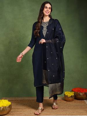 Navy blue color embroidered work silk blend kurta trousers set 3