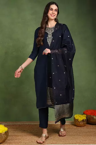 Navy blue color embroidered work silk blend kurta trousers set