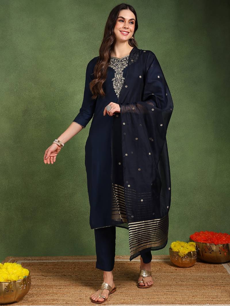 Navy blue color embroidered work silk blend kurta trousers set
