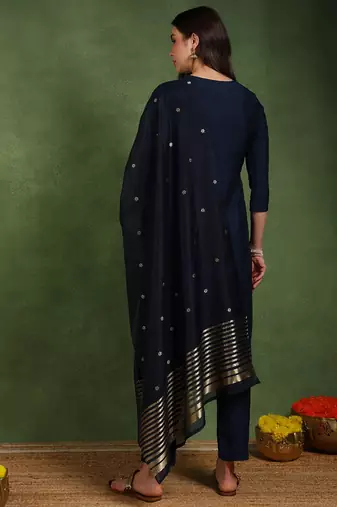 Navy blue color embroidered work silk blend kurta trousers set