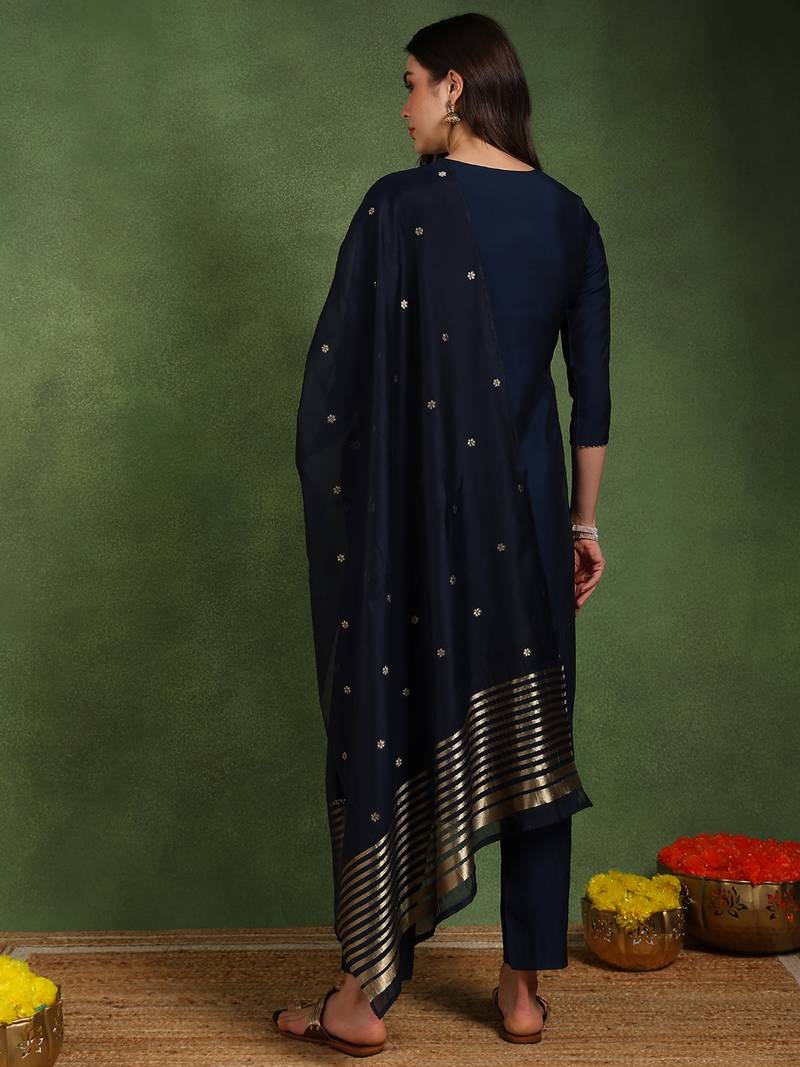 Navy blue color embroidered work silk blend kurta trousers set