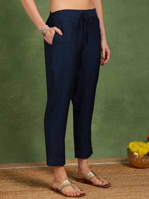 Navy blue color embroidered work silk blend kurta trousers set 5