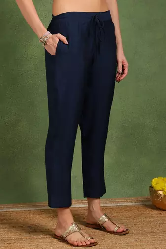 Navy blue color embroidered work silk blend kurta trousers set