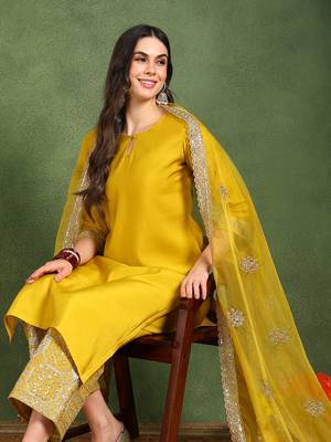 Yellow color solid silk blend kurta palazzos set 1