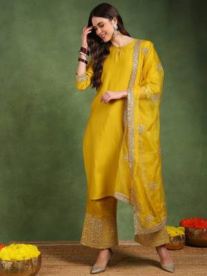 Yellow color solid silk blend kurta palazzos set 2