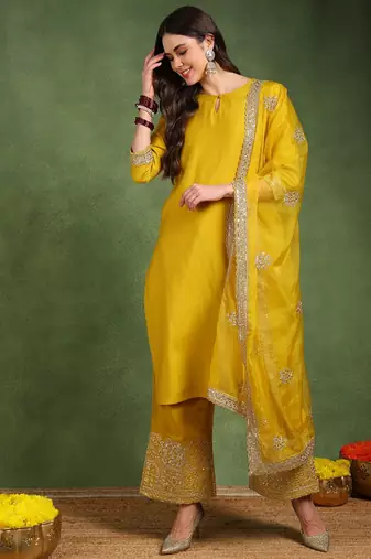 Yellow color solid silk blend kurta palazzos set