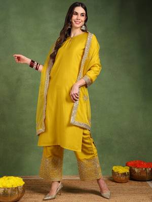 Yellow color solid silk blend kurta palazzos set 3