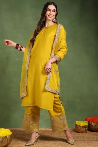 Yellow color solid silk blend kurta palazzos set