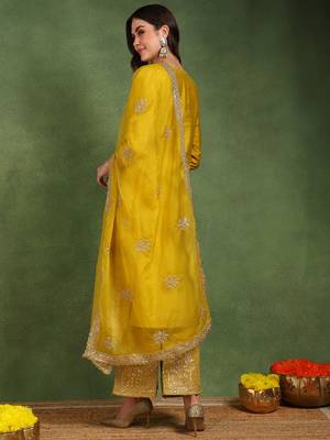 Yellow color solid silk blend kurta palazzos set 4