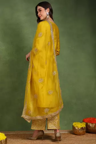 Yellow color solid silk blend kurta palazzos set