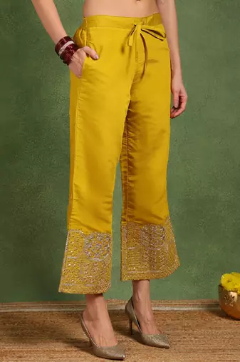 Yellow color solid silk blend kurta palazzos set