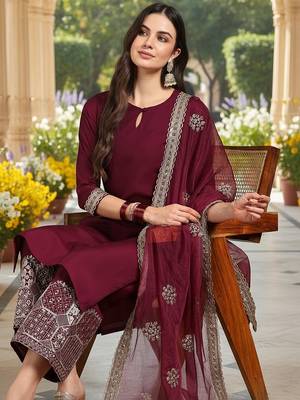 Burgundy color solid silk blend kurta palazzos set 1