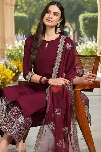Burgundy color solid silk blend kurta palazzos set