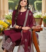 Burgundy color solid silk blend kurta palazzos set