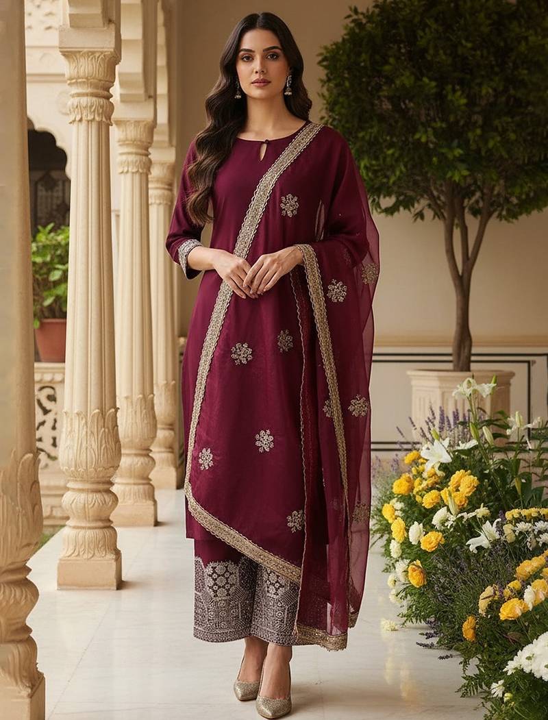 Burgundy color solid silk blend kurta palazzos set