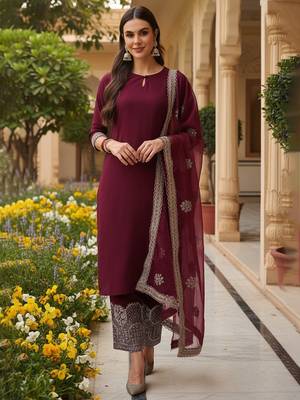 Burgundy color solid silk blend kurta palazzos set 3