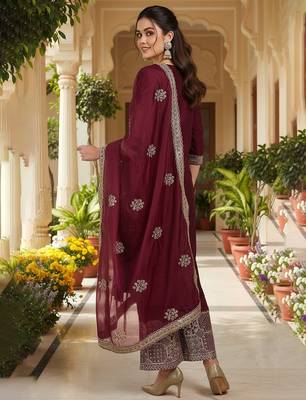 Burgundy color solid silk blend kurta palazzos set 4
