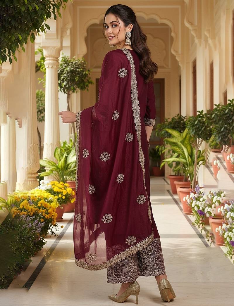 Burgundy color solid silk blend kurta palazzos set