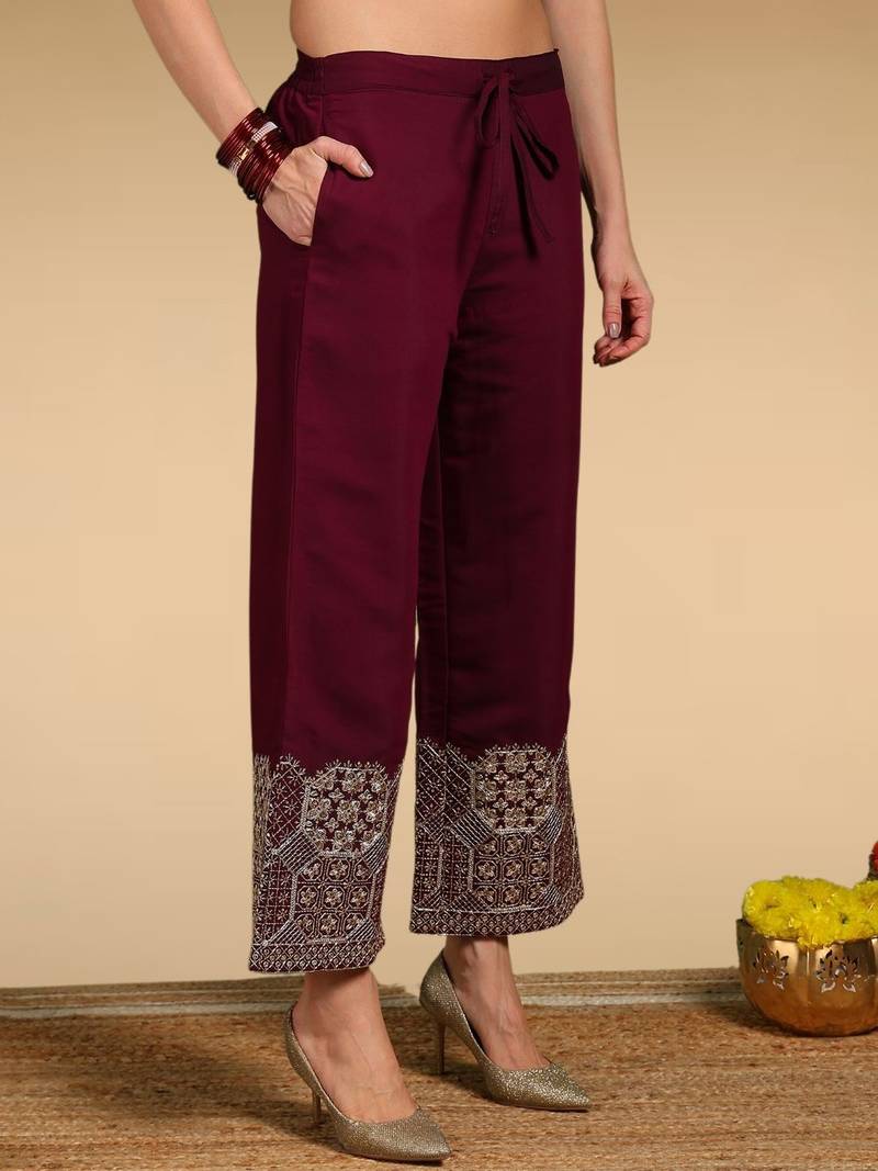 Burgundy color solid silk blend kurta palazzos set