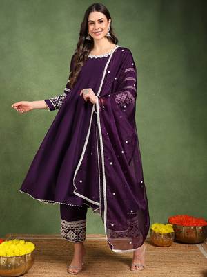 Purple solid embroidered work silk blend kurta palazzo set 1