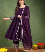Purple solid embroidered work silk blend kurta palazzo set
