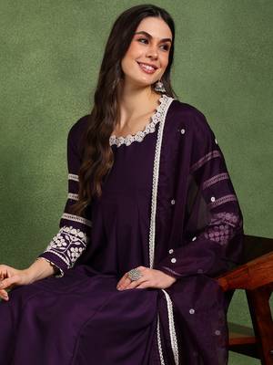 Purple solid embroidered work silk blend kurta palazzo set 2