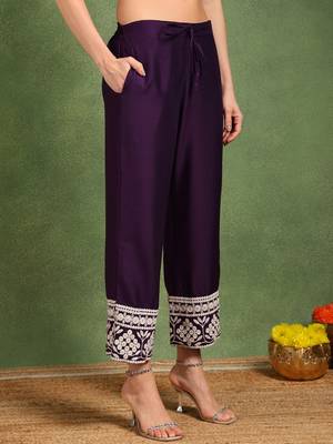 Purple solid embroidered work silk blend kurta palazzo set 5