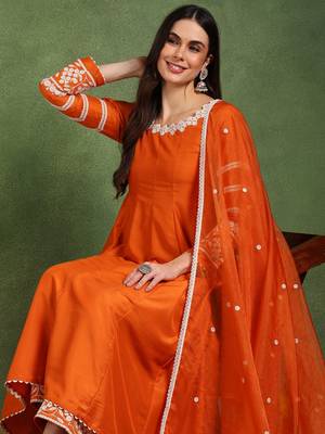 Orange solid embroidered work silk blend kurta palazzo set 1