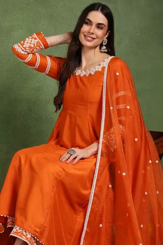 Orange solid embroidered work silk blend kurta palazzo set