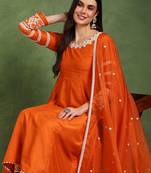 Orange solid embroidered work silk blend kurta palazzo set