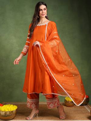 Orange solid embroidered work silk blend kurta palazzo set 2