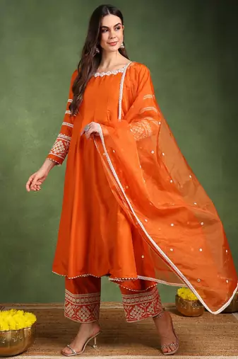 Orange solid embroidered work silk blend kurta palazzo set