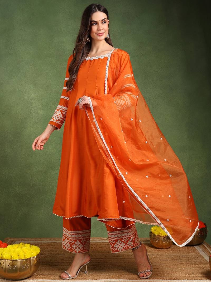 Orange solid embroidered work silk blend kurta palazzo set