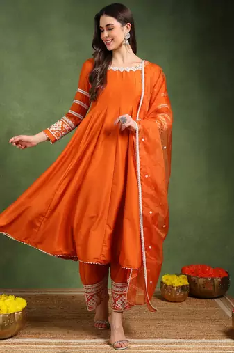Orange solid embroidered work silk blend kurta palazzo set