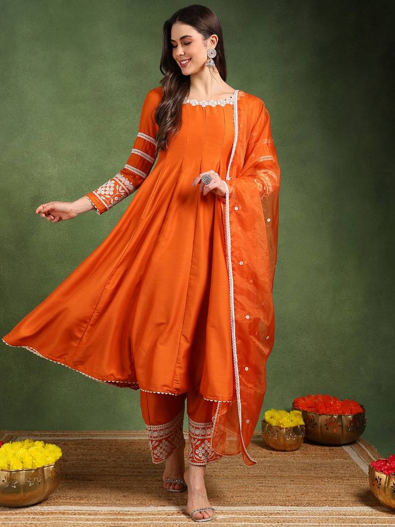 Orange solid embroidered work silk blend kurta palazzo set