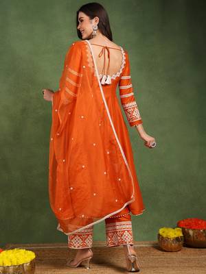 Orange solid embroidered work silk blend kurta palazzo set 4