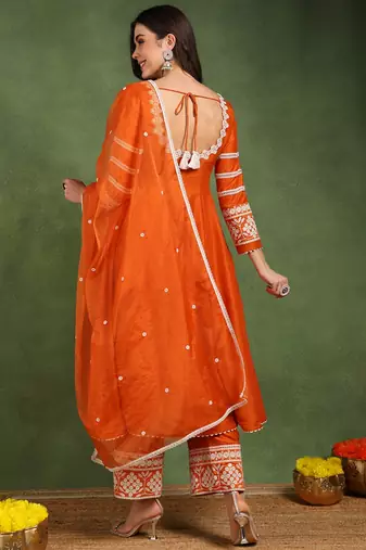 Orange solid embroidered work silk blend kurta palazzo set