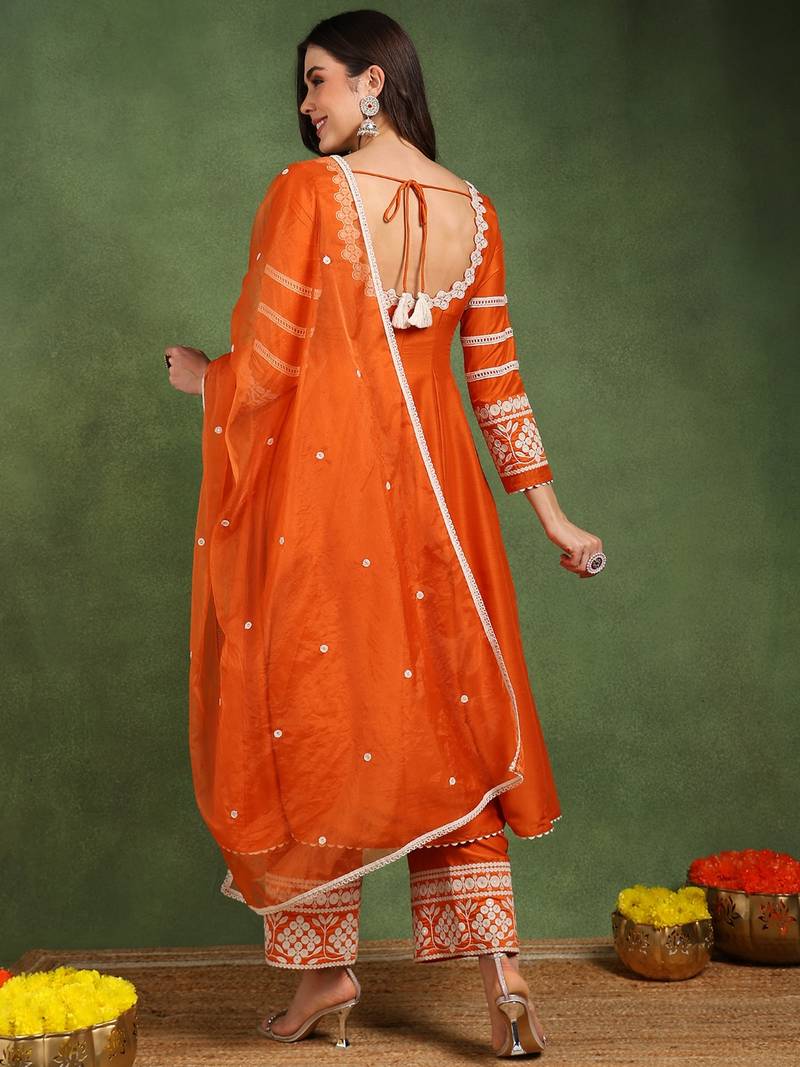 Orange solid embroidered work silk blend kurta palazzo set