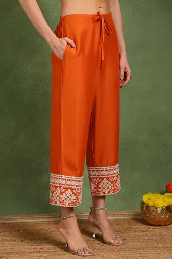 Orange solid embroidered work silk blend kurta palazzo set
