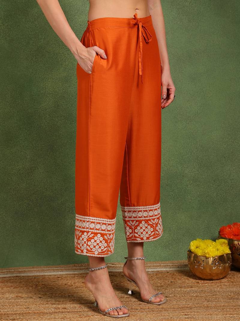 Orange solid embroidered work silk blend kurta palazzo set