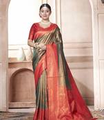 Green Kanchipuram Silk Zari Weaving With Gold Zari Border And Pallu Saree With Blouse For Women