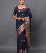 Navy Blue Jacquard Cotton Linen Blend Golden Zari Butta Banarasi Saree With Unstitched Blouse Piece