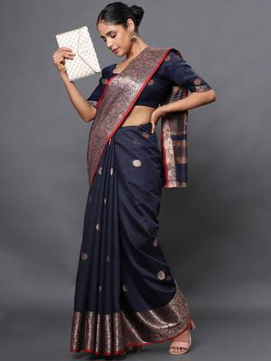 Navy Blue Jacquard Cotton Linen Blend Golden Zari Butta Banarasi Saree With Unstitched Blouse Piece 2