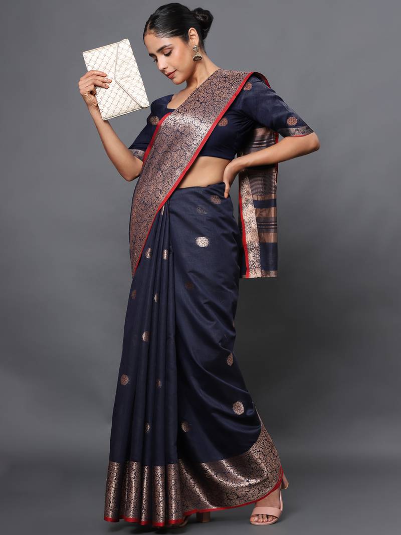 Navy Blue Jacquard Cotton Linen Blend Golden Zari Butta Banarasi Saree With Unstitched Blouse Piece