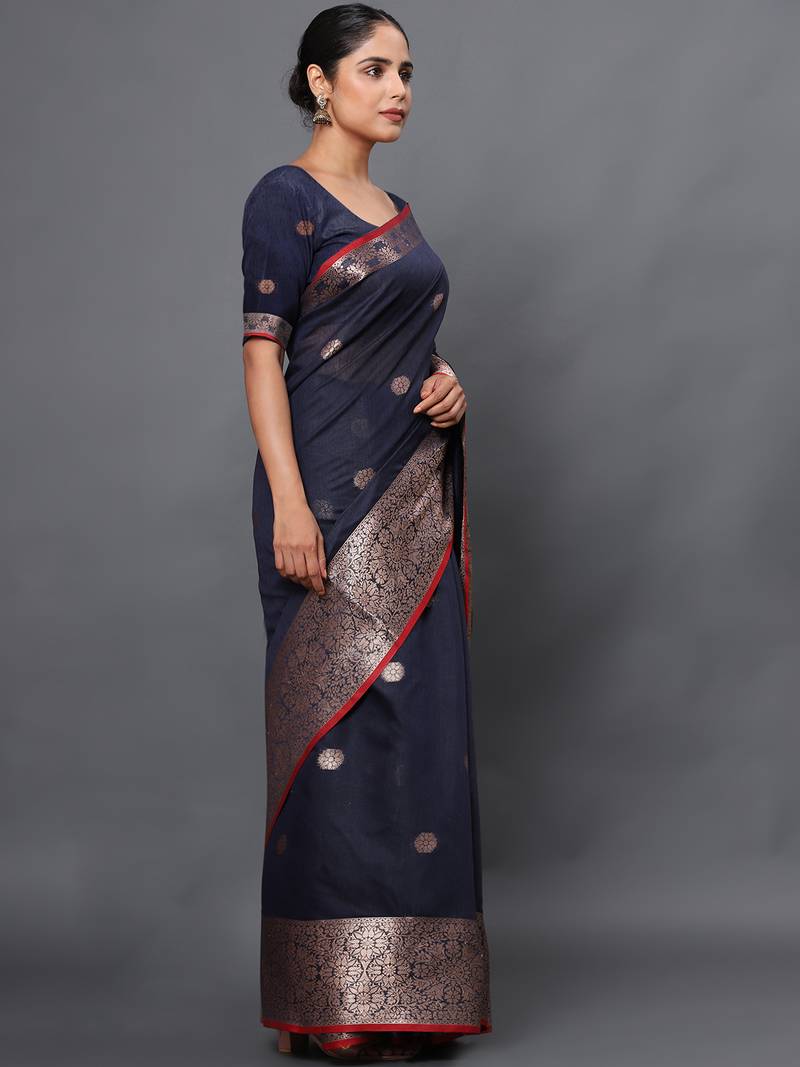 Navy Blue Jacquard Cotton Linen Blend Golden Zari Butta Banarasi Saree With Unstitched Blouse Piece